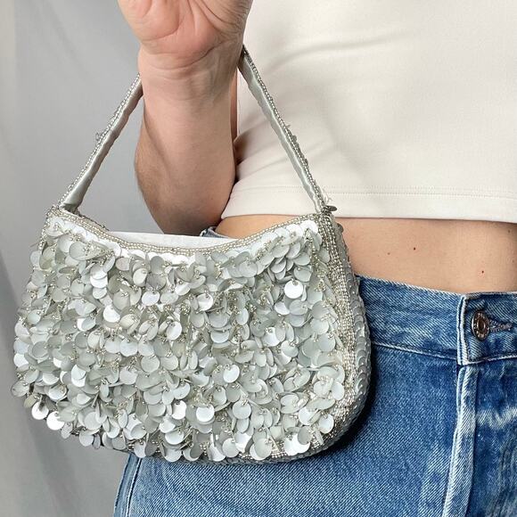 Cache silver beaded sequin mini evening bag convertible crossbody Y2K vintage - Picture 17 of 17